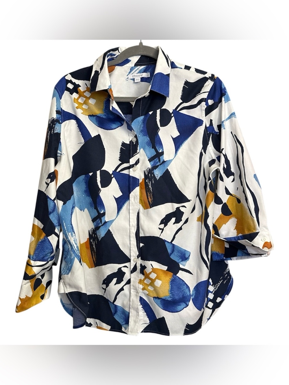Chico's Cotton Abstract Ikat Print Button Up 3/4 Sleeve Shirt Size 2/L/12 - Picture 2 of 7